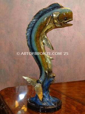 Dorado, mahi-mahi leaping through the air bronze statue