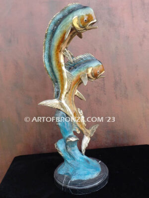 Double Dorado, mahi-mahi leaping through the air bronze statue