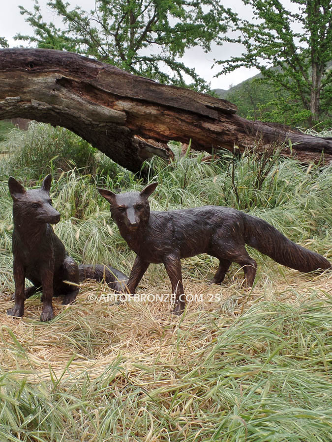 Double Trouble two playful foxes wildlife art bronze sculptures