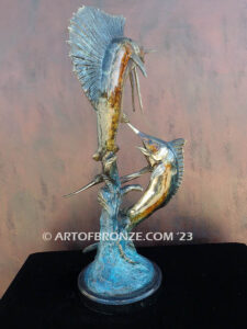 Double Whammy marlin and sailfish leaping through the air bronze statue