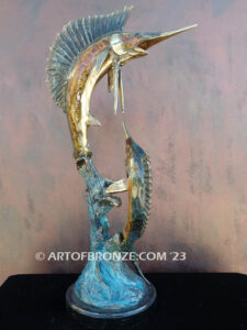 Double Whammy marlin and sailfish leaping through the air bronze statue