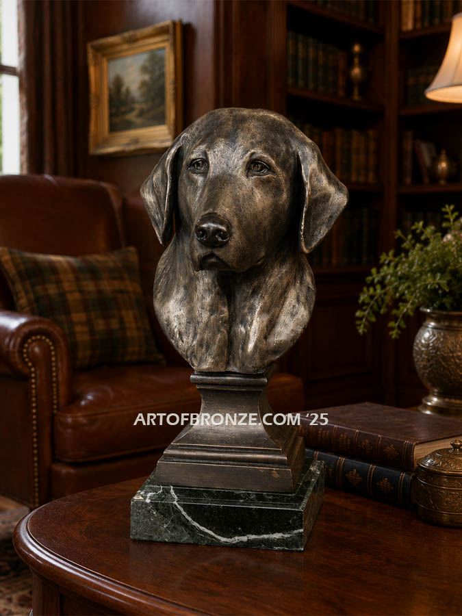 Dusty gallery quality, custom bronze statue bust of labrador dog