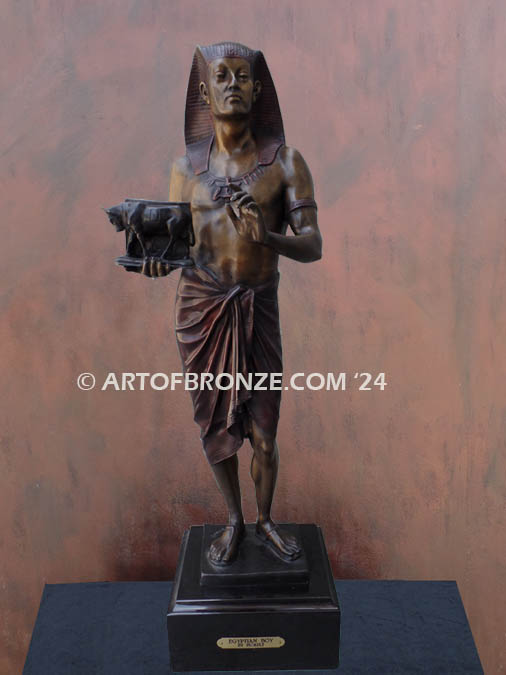 Egyptian Boy holding bull vessel indoor bronze statue after Émile Louis Picault.