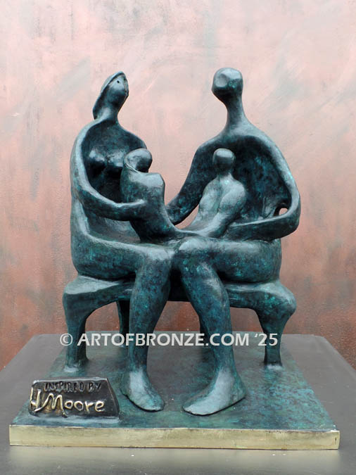 Family Group Henry Moore inspired bronze sculpture of family sitting on bench