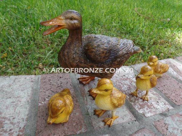 Family Leader outdoor bronze sculptures of walking duck and her ducklings