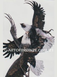 Fish Thieves bronze sculpture of monumental eagles fighting over captured salmon