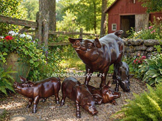 Free Range playful bronze sculpture pig family adult pig and piglets playing together
