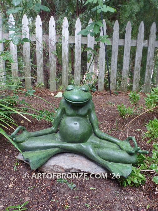 Frog Meditating sculpture of green frog cast into bronze for outdoor and garden display