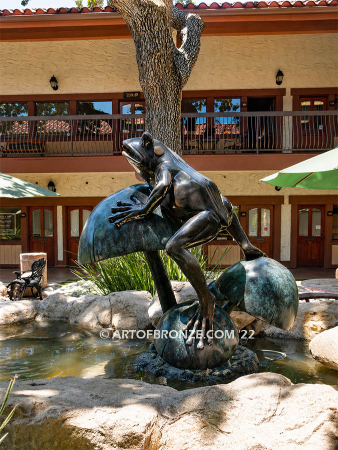 Frog Prince giant frog playing on top of mushrooms bronze sculpture water fountain