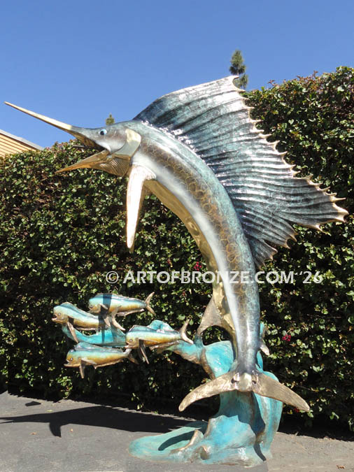 Full Sail bronze blue-water fishing sculpture of billfish- sailfish, marlin and swordfish fine art gallery
