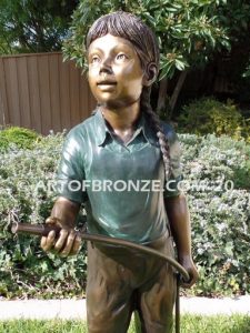 Garden Help bronze sculpture of standing girl with watering hose