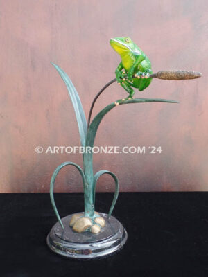 Hangn out tree frog sitting on cattail bronze statue
