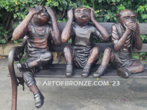 Hear See Speak No Evil special edition bronze statue of monkeys sitting on bench