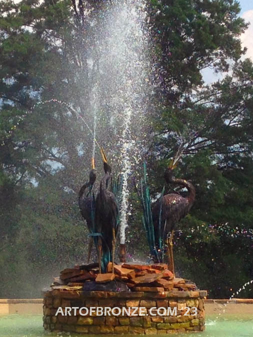 Heron Fountain bronze sculpture of three herons in fountain