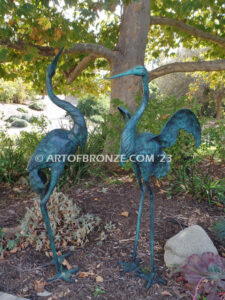 Heron Pair lost wax casting of pair of cranes for fountain