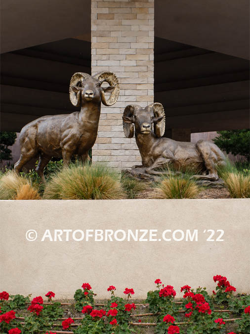 High Places Outdoor heroic bronze life-size pair of bighorn sheep ram sculptures