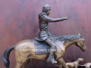 Hunting Day bronze sculpture of rider and scent hounds fox hunting