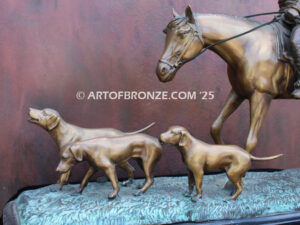 Hunting Day bronze sculpture of rider and scent hounds fox hunting