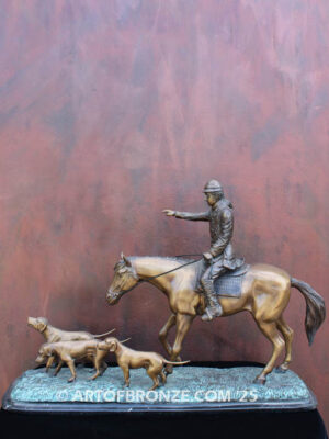 Hunting Day bronze sculpture of rider and scent hounds fox hunting