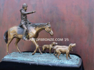 Hunting Day bronze sculpture of rider and scent hounds fox hunting