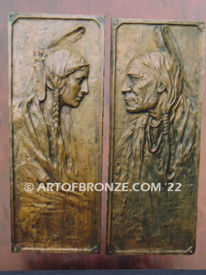 Indian Chief and maiden Native American Indian bronze bas relief artwork