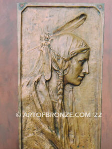 Indian Chief and maiden Native American Indian bronze bas relief artwork