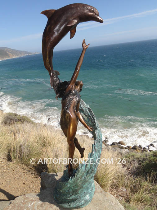Inspiration bronze gallery artwork fantasy lady and dolphin sculpture