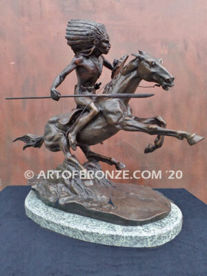 Into Battle Native American Indian warrior riding horseback bronze sculpture
