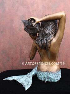 Bronze mermaid sculpture holding oyster shell for pond, pool or aquatic display