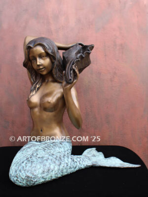 Bronze mermaid sculpture holding oyster shell for pond, pool or aquatic display