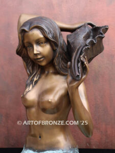 Bronze mermaid sculpture holding oyster shell for pond, pool or aquatic display