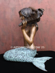 Bronze mermaid sculpture holding oyster shell for pond, pool or aquatic display