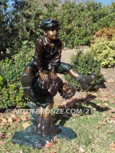 Leapfrog bronze sculpture of boy jumping over his brother