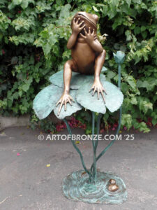 Love is in the Air bronze statue of indoor or outdoor whimsical frog sitting on lily pads