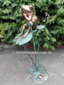 Love is in the Air bronze statue of indoor or outdoor whimsical frog sitting on lily pads