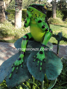 Love is in the Air bronze statue of indoor or outdoor whimsical frog sitting on lily pads