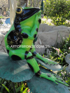 Love is in the Air bronze statue of indoor or outdoor whimsical frog sitting on lily pads