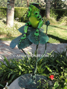 Love is in the Air bronze statue of indoor or outdoor whimsical frog sitting on lily pads