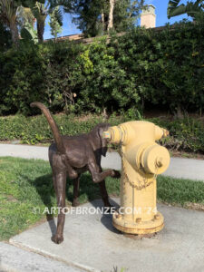 Marking his Territory gallery quality custom bronze statue of dog lifting his leg to pee