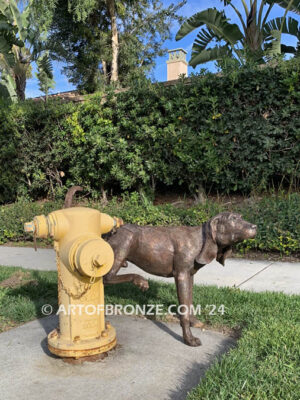 Marking his Territory gallery quality custom bronze statue of dog lifting his leg to pee