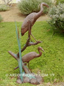 Mashland Waders lost wax casting of two heron cranes resting on branch at tranquil residence