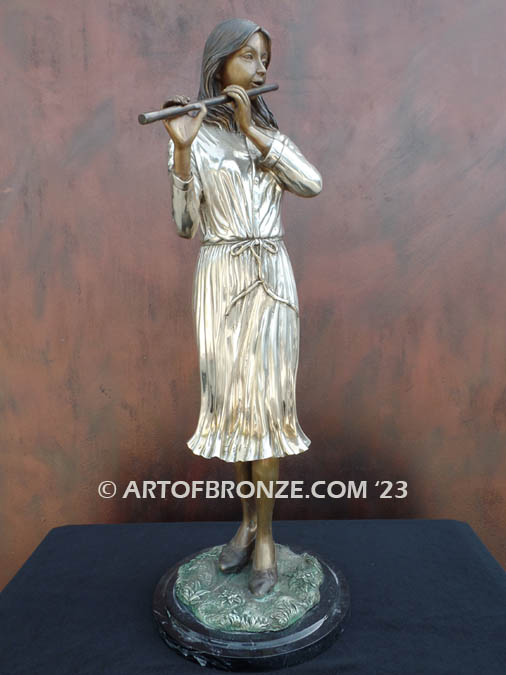 Melodies of the Heart bronze sculpture of beautiful woman playing flute