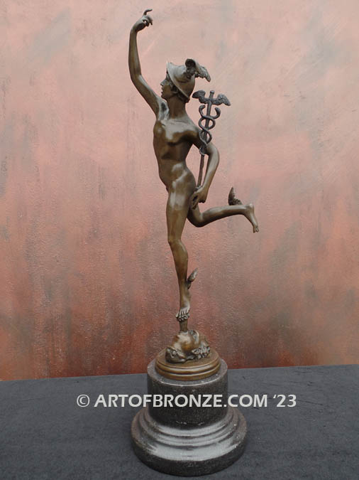 Mercury bronze sculpture of Roman messenger god of speed holding caduceus with winged sandals