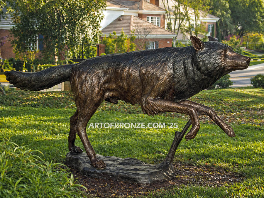Midnight Run bronze North American grey wolf sculpture with life-like detailing & realism