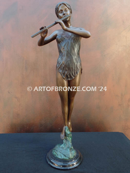 Nature Melodies bronze sculpture of beautiful woman playing flute
