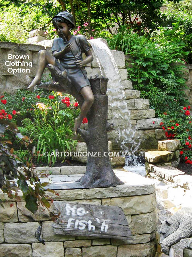 No Fishn bronze sculpture of young boy fishing in tree stump fountain