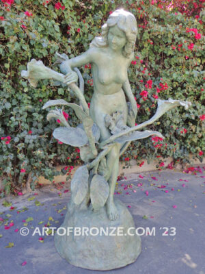 Nouveau composition monumental outdoor bronze statue of beautiful nude female standing with flowers