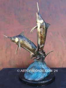 Out of the Blue two leaping marlin above wave bronze statue