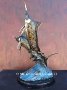 Out of the Blue two leaping marlin above wave bronze statue
