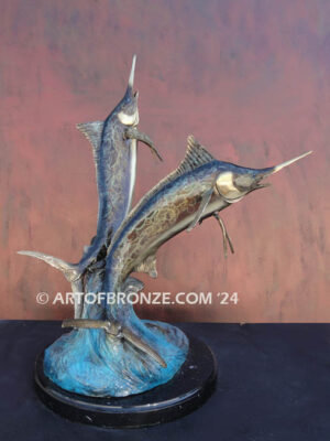 Out of the Blue two leaping marlin above wave bronze statue